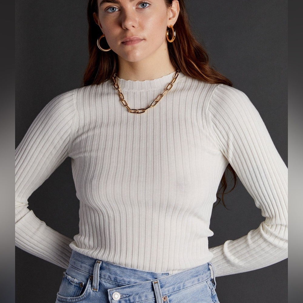 Anine Bing Cecilia Top Long Sleeve Cream Ribbed Knit Stretch Sz. L